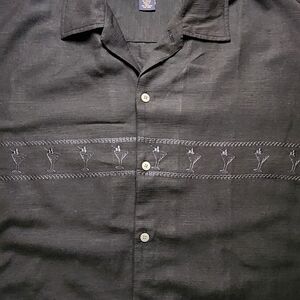 Vintage Newport Blue Black Short Sleeve Shirt with Subtle Martini Embroidery